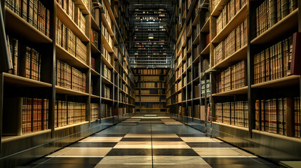 Vintage books on bookshelves in old library. Education and literature concept. - obrazy, fototapety, plakaty
