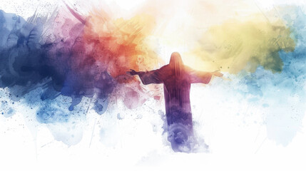 Jesus rising into the clouds in a digital watercolor painting on a white backdrop.