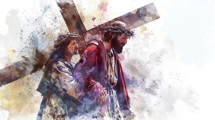 Jesus, with the help of Simon of Cyrene, carries the cross in a digital watercolor painting on a white background.