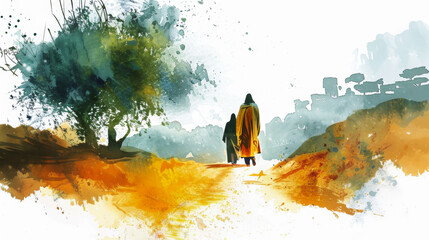 Create a digital watercolor image of Jesus encountering Saul on his journey to Damascus against a white backdrop. - obrazy, fototapety, plakaty
