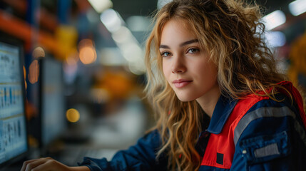 photo of professional uniformed female service technician sitting at a desk closely looking at her imac computer screen in a large