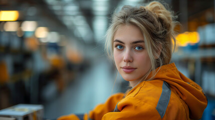 photo of professional uniformed female service technician sitting at a desk closely looking at her imac computer screen in a large