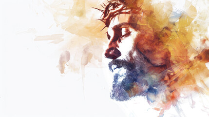 Jesus' face, glowing with compassion and forgiveness, painted digitally in watercolor on a white background with the light of the cross shining upon him. - obrazy, fototapety, plakaty
