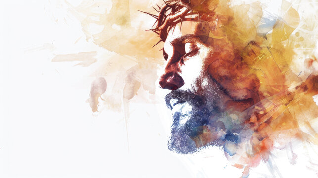 Jesus' face, glowing with compassion and forgiveness, painted digitally in watercolor on a white background with the light of the cross shining upon him.
