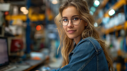 photo of professional uniformed female service technician sitting at a desk closely looking at her imac computer screen in a large