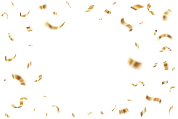 Gold confetti falling background for birthday, anniversary designs. Shiny gold confetti