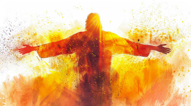 A digital watercolor painting on a white background depicts the silhouette of Jesus' body against the setting sun, capturing a powerful and striking image.