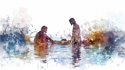 An artistic depiction of Jesus' baptism by John the Baptist in the Jordan River using digital watercolor on a white background.