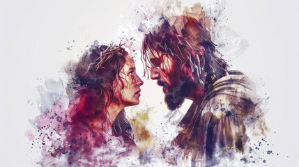 Create a digital watercolor artwork of Jesus healing the woman with the issue of blood against a white backdrop.