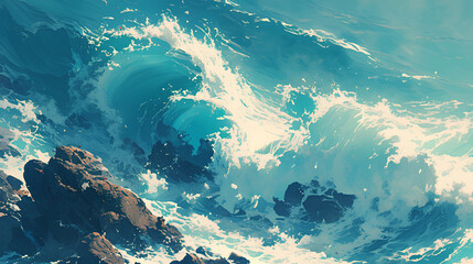 Fototapeta na wymiar illustration of high waves. blue sea with strong waves close up