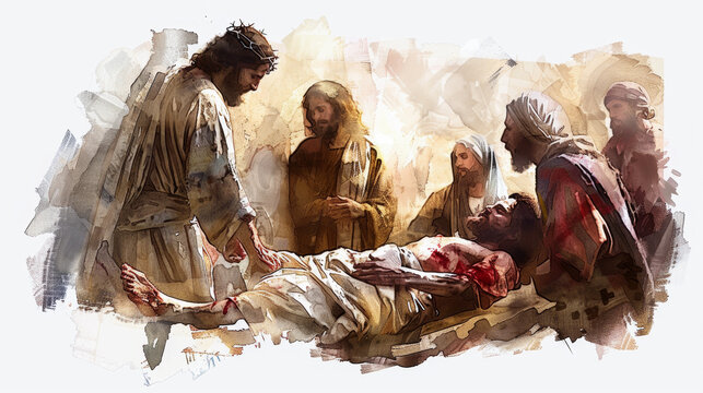 Jesus depicted in a digital watercolor painting on a white background, showing the paralytic being lowered through the roof.