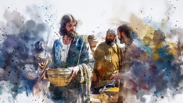 Jesus performing a miracle by feeding a large crowd with bread and fish in a digital watercolor painting on a white backdrop.