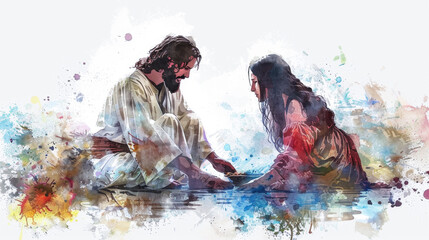 Jesus painting digitally on a white background as He anoints Mary Magdalene's feet.