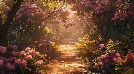 A path flanked by vibrant Rhododendron bushes, creating a colorful journey through nature's beauty. Ideal for backgrounds, nature-themed designs, or tranquil concepts