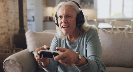 Headphones, senior woman and controller for video game, online streaming and relax for retirement...