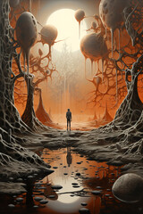 Fantasy world with surrealistic environment and silhouette of humanlike creature.