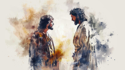 Jesus depicted in a digital watercolor painting with the centurion's servant on a white background. - obrazy, fototapety, plakaty