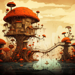 Fantasy world with surrealistic mushroomlike house above the water.