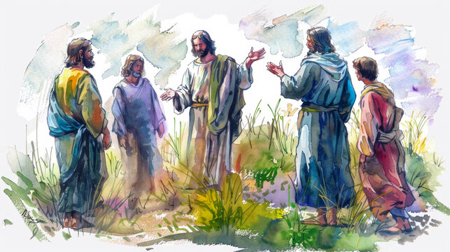 Jesus teaching his disciples the meaning of the parable of the sower through digital watercolor art on a white background.