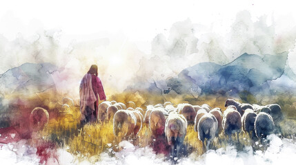 Jesus, depicted in a digital watercolor painting on a white background, identifies himself as the caring Good Shepherd who sacrifices for his flock. - obrazy, fototapety, plakaty