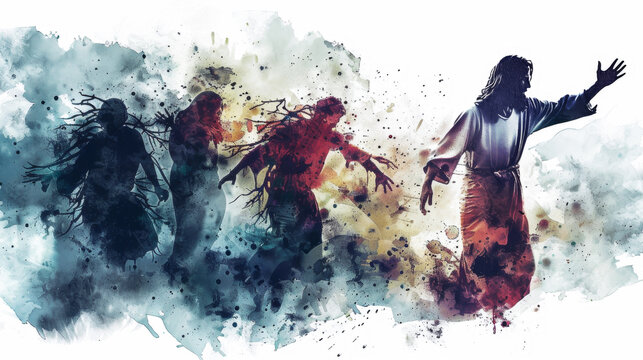 Jesus using digital watercolors to banish demons from those who are possessed on a white backdrop.