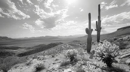 Saguaro cactus in the Arizona desert landscape, black and white photo