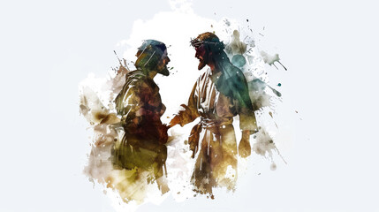 Jesus depicted in a digital watercolor painting with the Samaritan leper on a white background.
