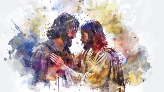 Jesus depicted in a digital watercolor painting with the Samaritan leper on a white background.