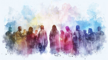 Jesus and his disciples depicted in a digital watercolor painting as they ascend into the heavens.