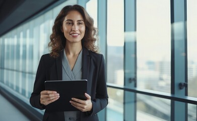 Portrait of happy businesswoman with touchpad in office looking at camera.