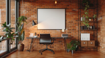 Modern home office with brick wall and blank whiteboard. Perfect for creative work or planning.
