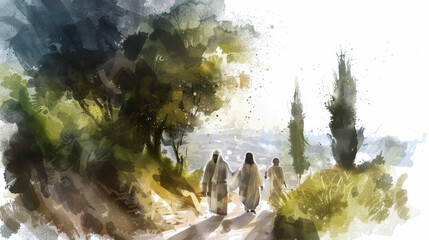 Fototapeta premium Reimagining Jesus and his disciples walking to Emmaus in a digital watercolor on a white canvas.
