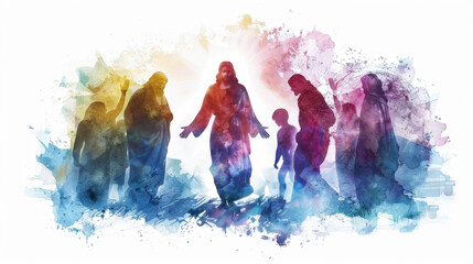 Jesus comforting his disciples with peace after rising from the dead, depicted in digital watercolor on a white backdrop. - obrazy, fototapety, plakaty
