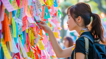 colorful paper with prayers tying to a prayer wall for National Day of Prayer. - obrazy, fototapety, plakaty