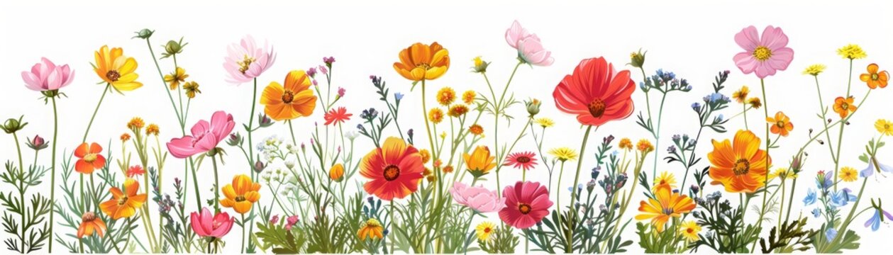 Panoramic illustration featuring a variety of colorful wildflowers in full bloom on a white background.