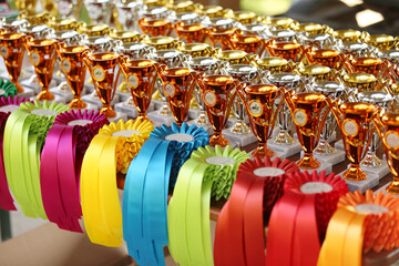     Pile of horse riding ribbons and trophy awards. Group of beautiful colorful trophies