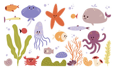 Cute undersea world with sea ocean creatures in cartoon style. Underwater animals, fish, whale, octopus, crab, jellyfish, stingray and seaweed. Colored flat vector illustration