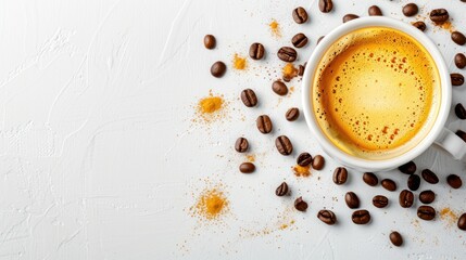 Coffee cup and beans on white background. Minimalist composition for coffee lovers.
