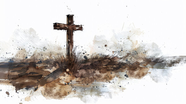Creating a digital watercolor painting on a white background, the cross is tilted slightly to highlight the significance of Jesus' sacrifice.