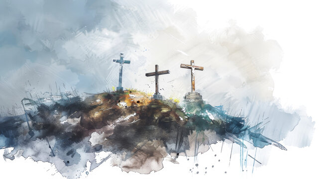 Digital artwork of The three crosses on Golgotha, with Jesus' cross in the middle, created with a watercolor effect on a white backdrop.
