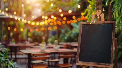 Blackboard with blurred restaurant scene. Best for showcasing daily specials or menus.
