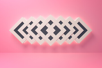 Dynamic black and white chevrons on pink backdrop