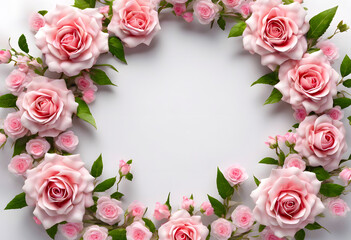 Wreath of small pink rose flowers on a white background