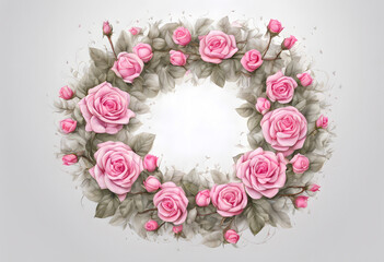 Wreath of small pink rose flowers on a white background
