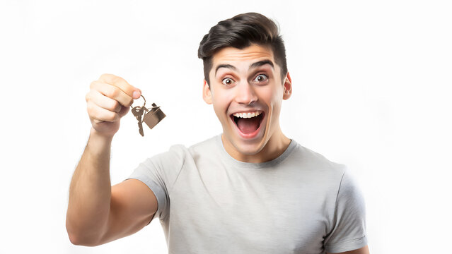 Hombre sosteniendo las llaves de una casa. Chico sorprendido sobre fondo blanco.  Concepto inmobiliaria.