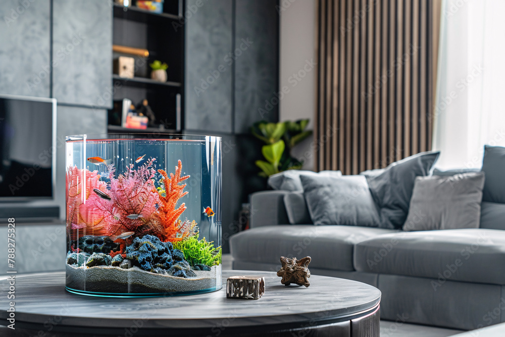 Wall mural aquarium on table in modern living room with grey sofa