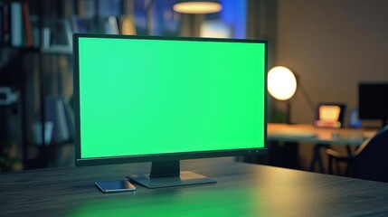 Green screen mockup on desktop in professional office setting