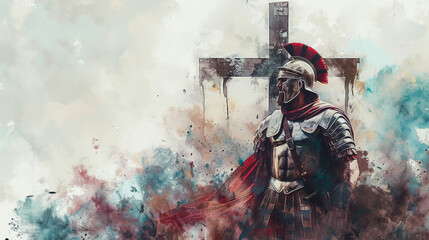 Roman soldier reflects on Jesus at the cross in digital watercolor.