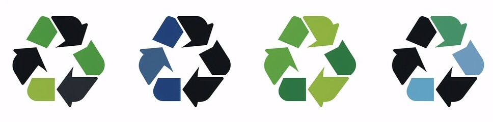 4 different Recycle logos of green blue and black arrows on white background