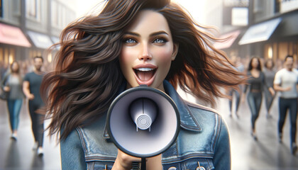 Close-up of a stylish young brunette with vintage loudspeaker. She announces the last day of the big sale. Her facial expression conveys excitement and urgency. - obrazy, fototapety, plakaty